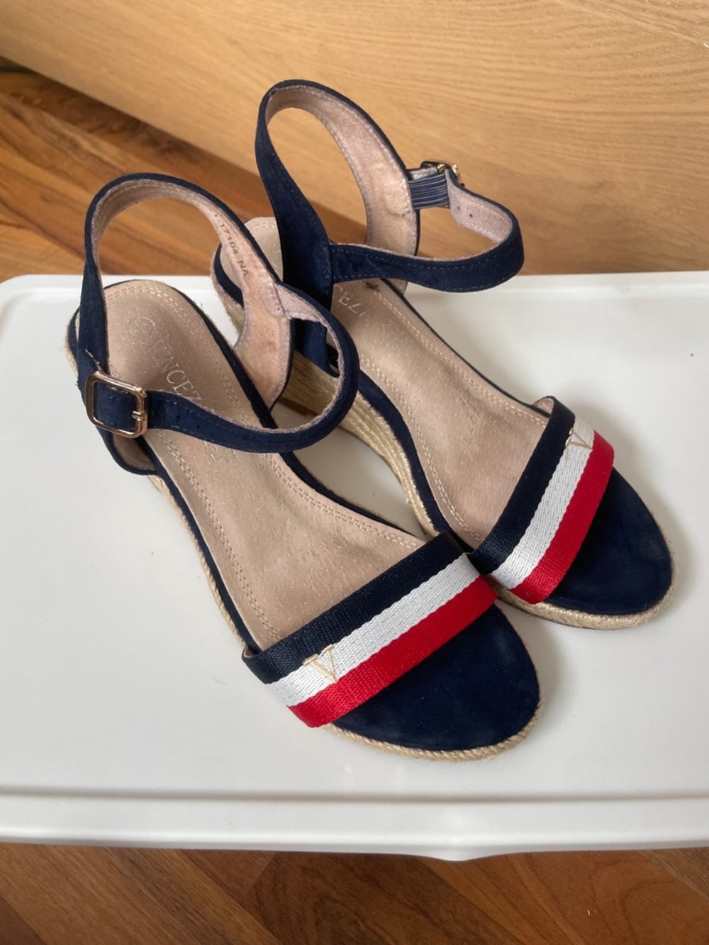 Navy Red White Striped Espadrille Wedges
